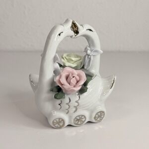 Vintage Porcelain Swan Trinket Dish Basket Handle Pink Yellow Roses Gold Trim